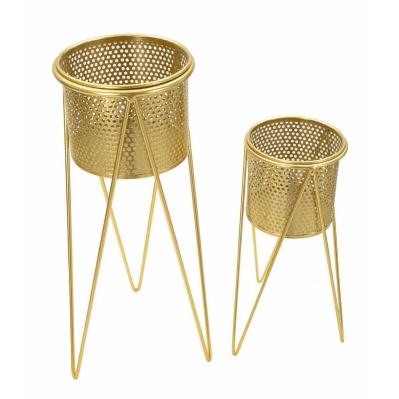 Cache pot sur pied moderne ajouré Rond en Métal Doré Glat (Lot de 2) 