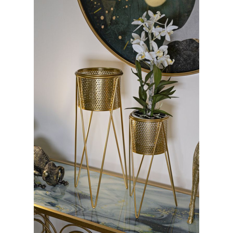 Cache pot sur pied moderne ajouré Rond en Métal Doré Glat (Lot de 2) 