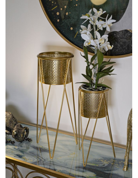 Cache pot sur pied moderne ajouré Rond en Métal Doré Glat (Lot de 2) 