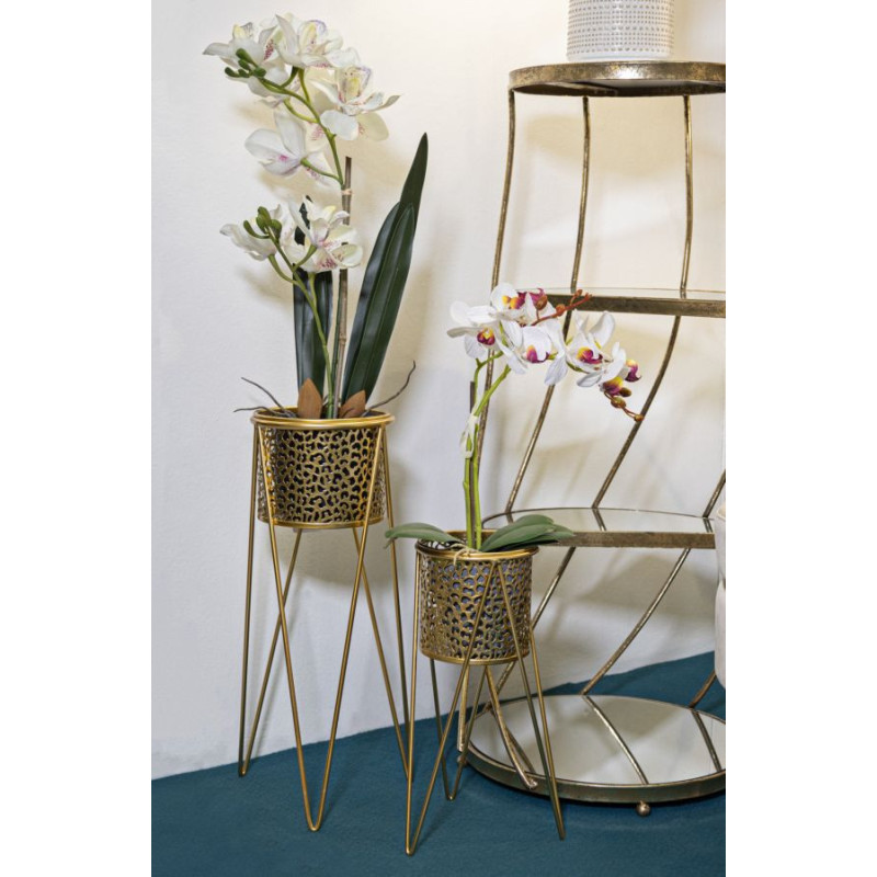 Cache pot sur pied moderne ajouré Rond en Métal Doré Glod (Lot de 2) 