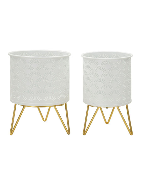 Cache pot sur pied moderne ajouré Rond en Métal Blanc Doré Carly (Lot de 2) 