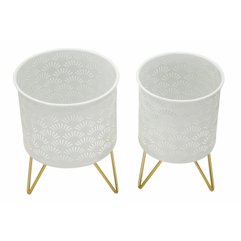 Cache pot sur pied moderne ajouré Rond en Métal Blanc Doré Carly (Lot de 2) 