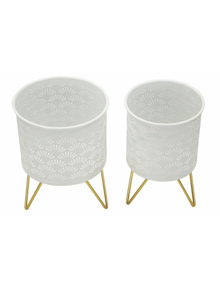 Cache pot sur pied moderne ajouré Rond en Métal Blanc Doré Carly (Lot de 2) 