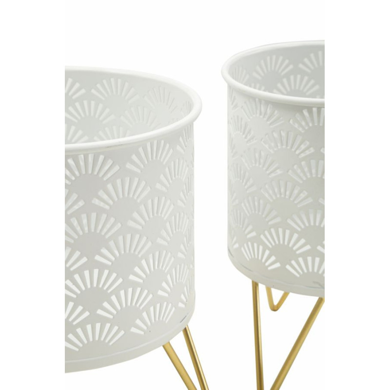 Cache pot sur pied moderne ajouré Rond en Métal Blanc Doré Carly (Lot de 2) 