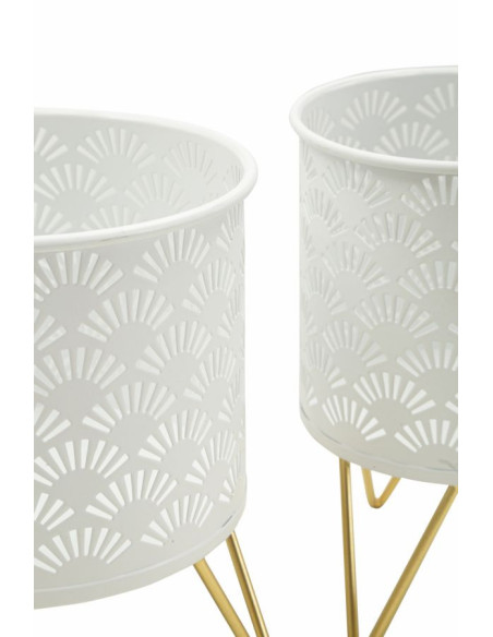 Cache pot sur pied moderne ajouré Rond en Métal Blanc Doré Carly (Lot de 2) 