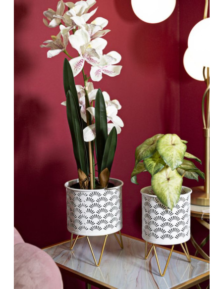 Cache pot sur pied moderne ajouré Rond en Métal Blanc Doré Carly (Lot de 2) 