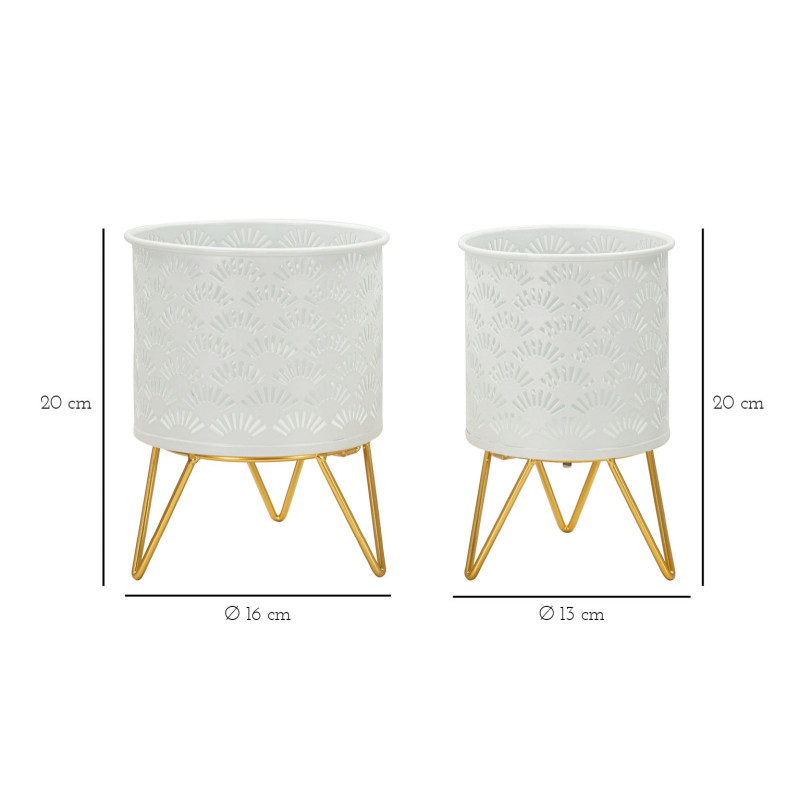 Cache pot sur pied moderne ajouré Rond en Métal Blanc Doré Carly (Lot de 2) 