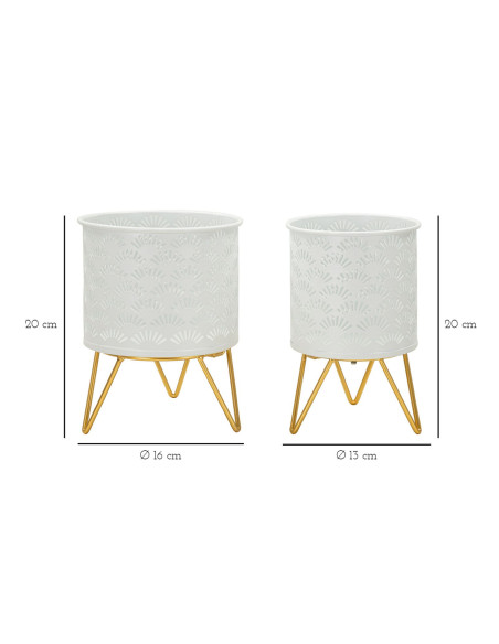 Cache pot sur pied moderne ajouré Rond en Métal Blanc Doré Carly (Lot de 2) 