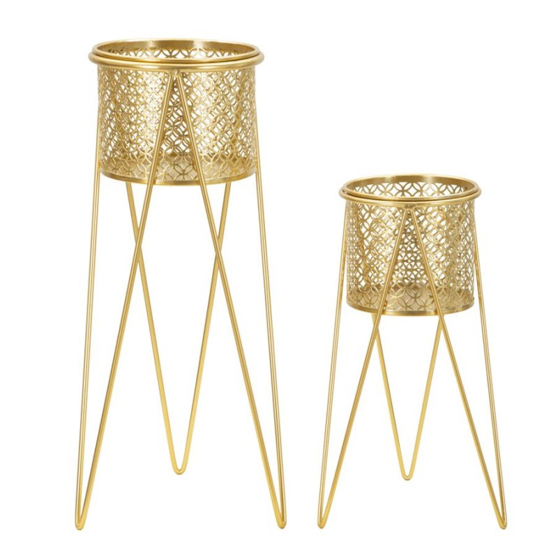 Cache pot sur pied moderne ajouré Rond en Métal Doré Naty (Lot de 2) 