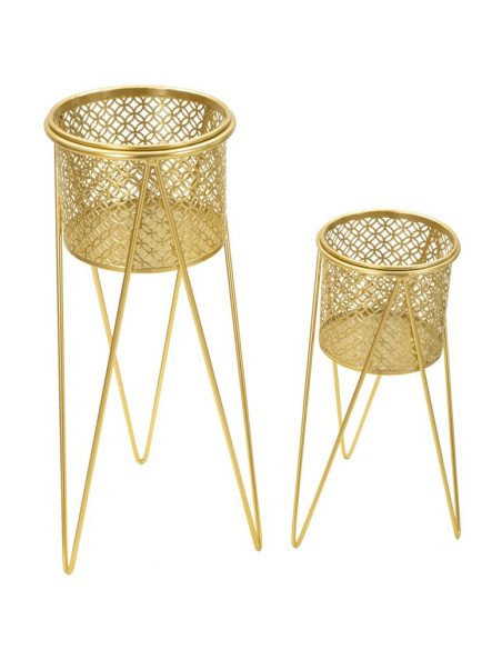 Cache pot sur pied moderne ajouré Rond en Métal Doré Naty (Lot de 2) 