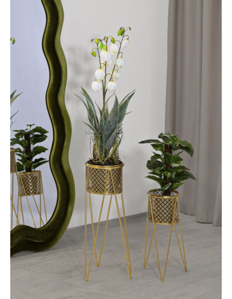 Cache pot sur pied moderne ajouré Rond en Métal Doré Naty (Lot de 2) 