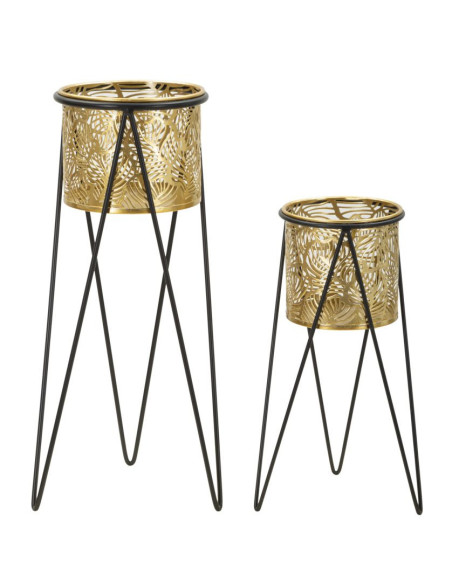 Cache pot sur pied moderne ajouré Rond en Métal Doré Noir Drak (Lot de 2) 