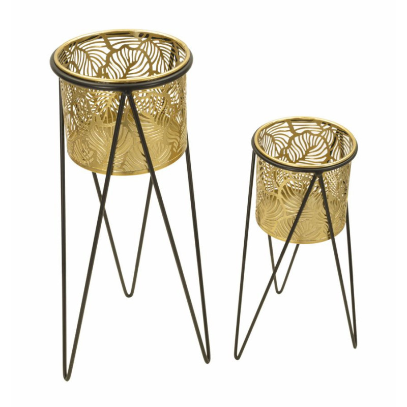 Cache pot sur pied moderne ajouré Rond en Métal Doré Noir Drak (Lot de 2) 