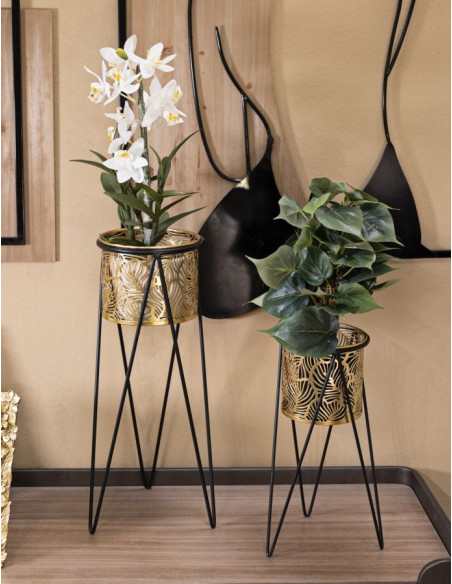 Cache pot sur pied moderne ajouré Rond en Métal Doré Noir Drak (Lot de 2) 