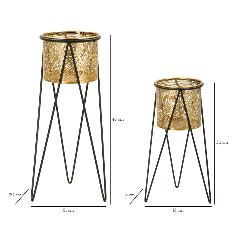 Cache pot sur pied moderne ajouré Rond en Métal Doré Noir Drak (Lot de 2) 
