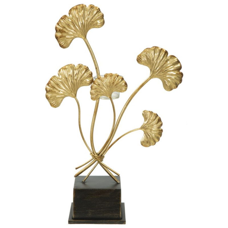 Grand Photophore sur pied moderne chic Fleurs Hauteur 44 cm en Métal Doré Verre Transparent Iris 