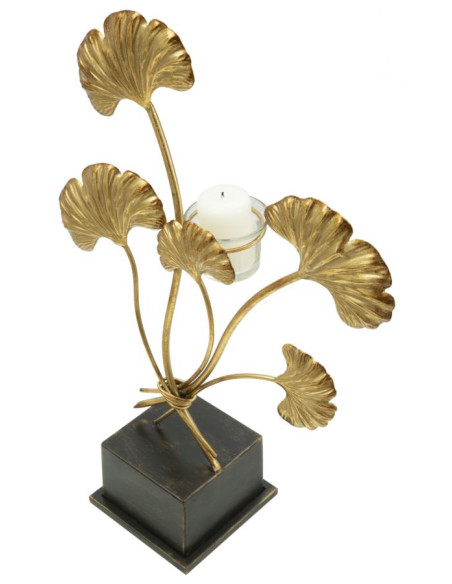 Grand Photophore sur pied moderne chic Fleurs Hauteur 44 cm en Métal Doré Verre Transparent Iris 