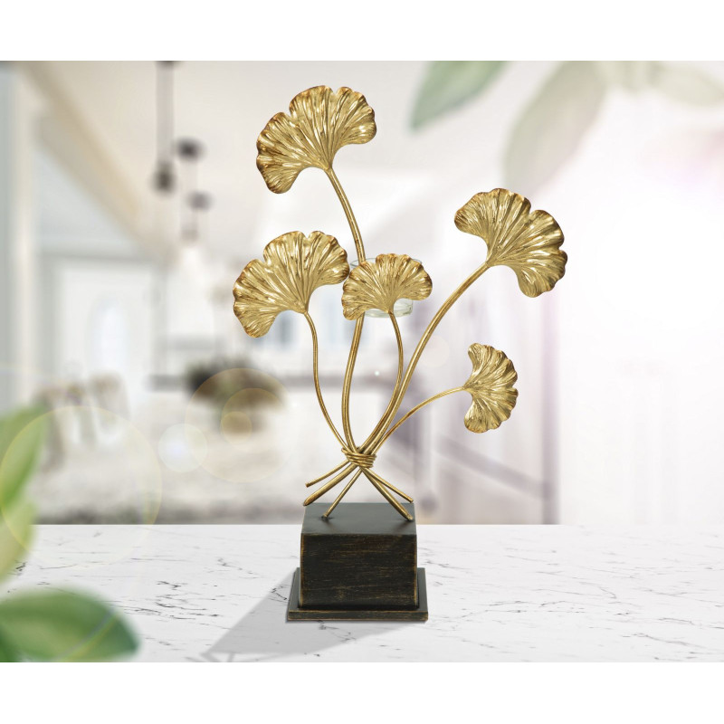 Grand Photophore sur pied moderne chic Fleurs Hauteur 44 cm en Métal Doré Verre Transparent Iris 