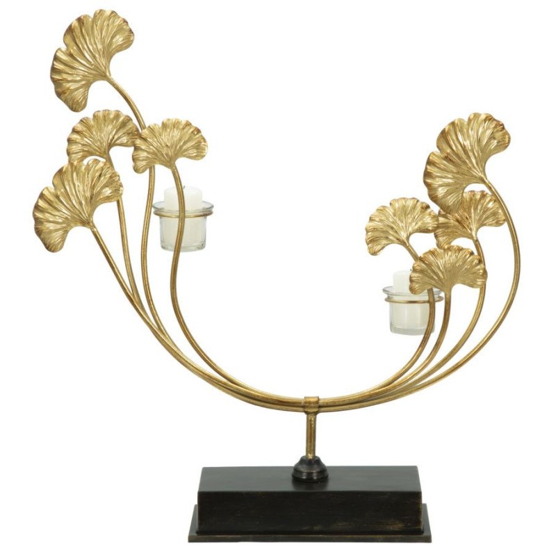 Grand Photophore moderne chic 2 bougies Fleurs Hauteur 55 cm en Métal Doré Verre Transparent Iris 