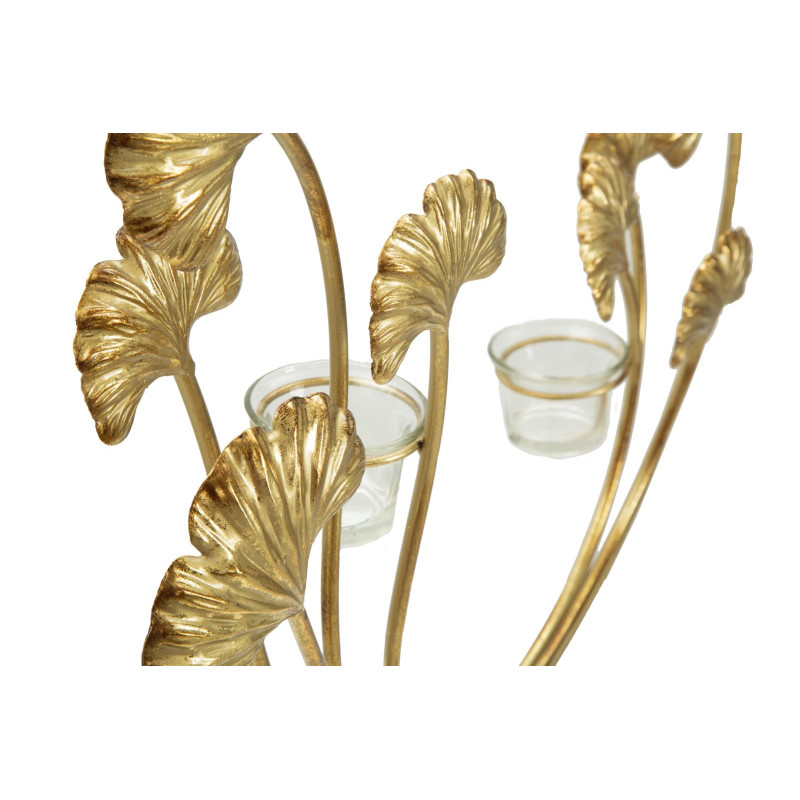 Grand Photophore moderne chic 2 bougies Fleurs Hauteur 55 cm en Métal Doré Verre Transparent Iris 