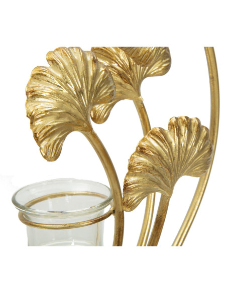 Grand Photophore moderne chic 2 bougies Fleurs Hauteur 55 cm en Métal Doré Verre Transparent Iris 