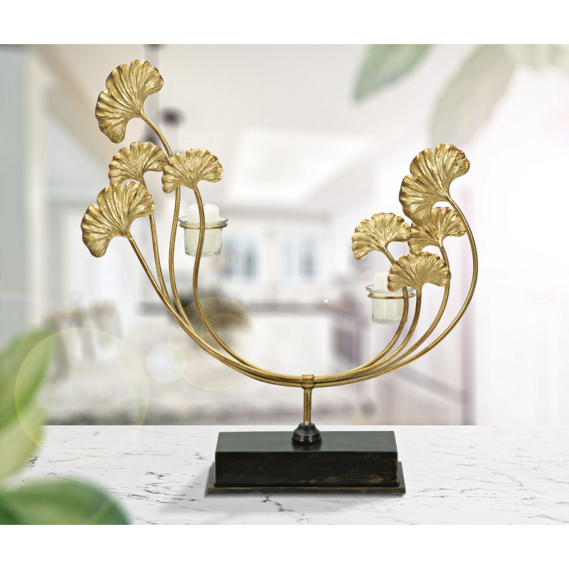 Grand Photophore moderne chic 2 bougies Fleurs Hauteur 55 cm en Métal Doré Verre Transparent Iris 