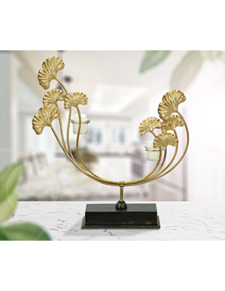 Grand Photophore moderne chic 2 bougies Fleurs Hauteur 55 cm en Métal Doré Verre Transparent Iris 