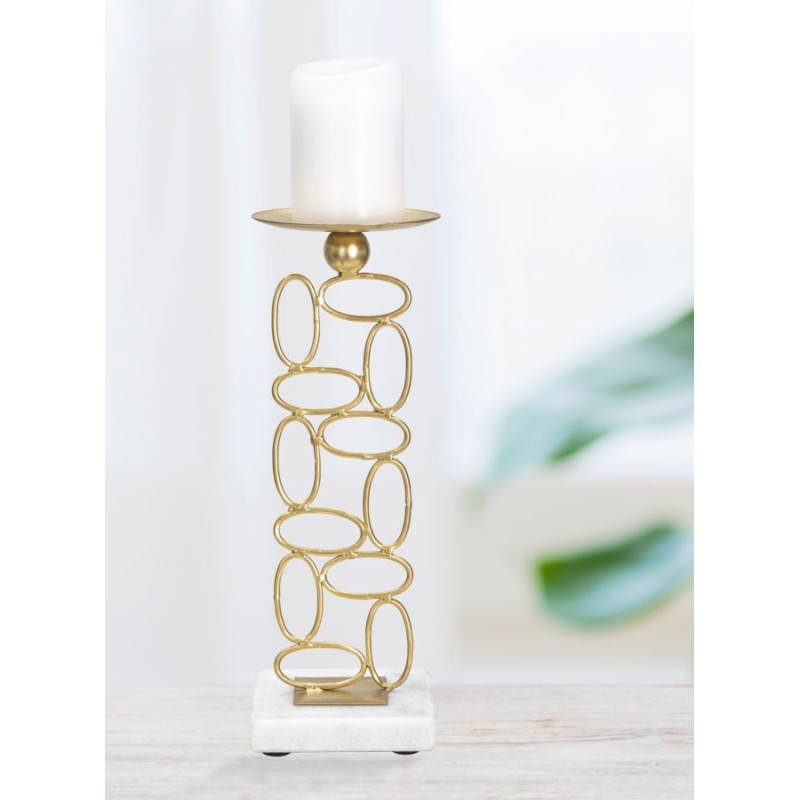 Grand Bougeoir moderne Hauteur 27 cm en Métal Doré Marbre Blanc Bubbles 