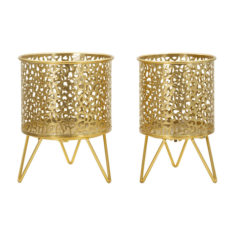 Cache pot sur pied moderne ajouré Rond en Métal Doré Piny (Lot de 2) 