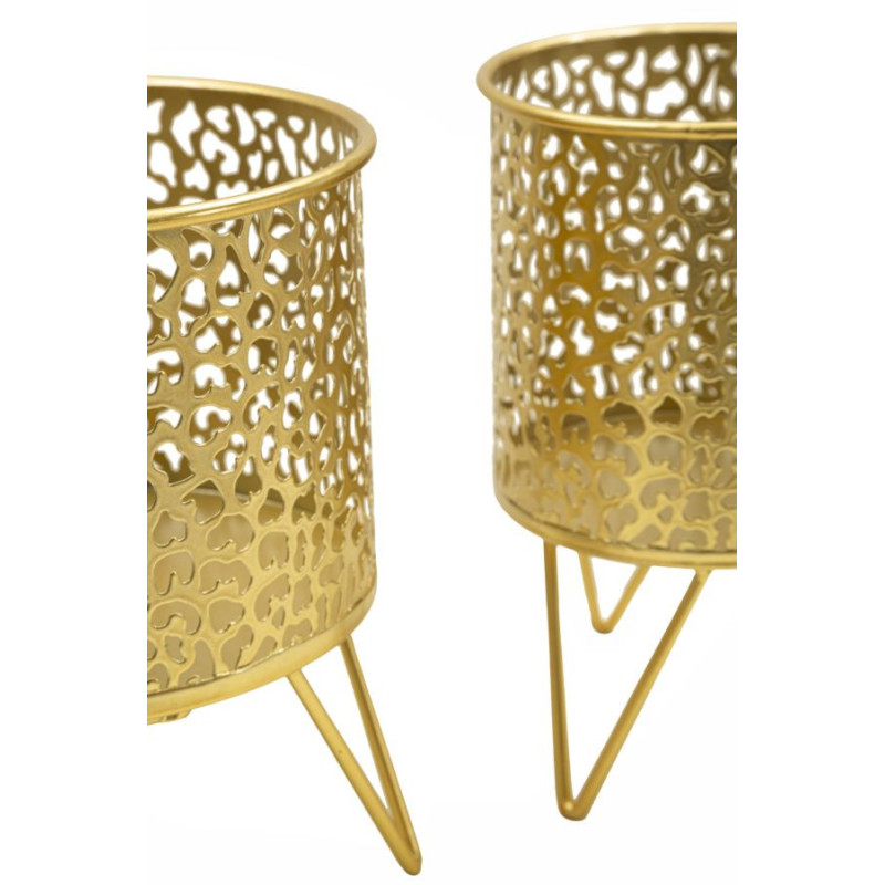 Cache pot sur pied moderne ajouré Rond en Métal Doré Piny (Lot de 2) 