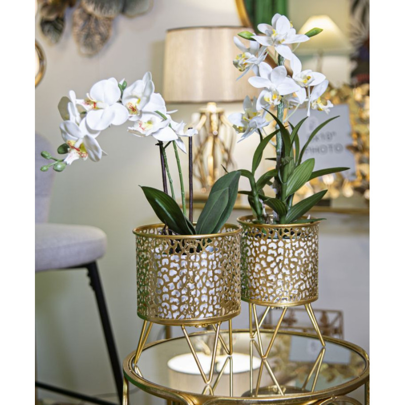 Cache pot sur pied moderne ajouré Rond en Métal Doré Piny (Lot de 2) 