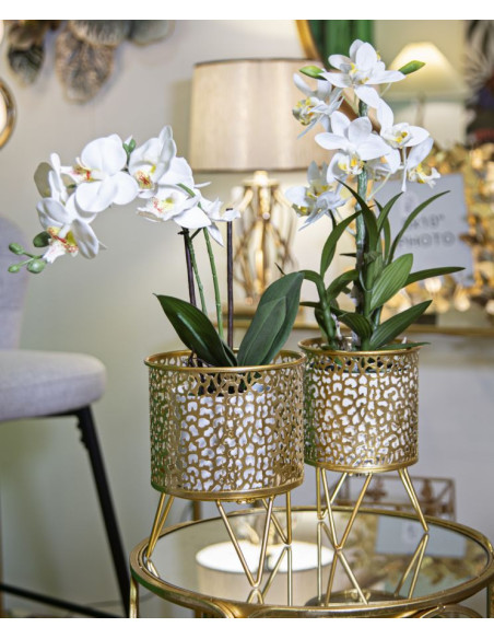 Cache pot sur pied moderne ajouré Rond en Métal Doré Piny (Lot de 2) 