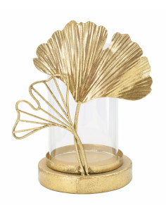 Photophore original Feuilles tropicales Hauteur 21 cm en Métal Doré Verre Transparent Kelva 