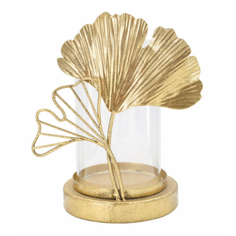 Photophore original Feuilles tropicales Hauteur 21 cm en Métal Doré Verre Transparent Kelva 