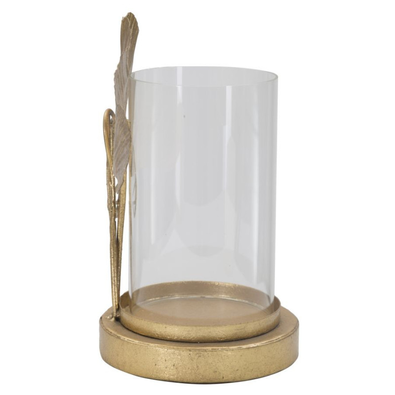 Photophore original Feuilles tropicales Hauteur 21 cm en Métal Doré Verre Transparent Kelva 