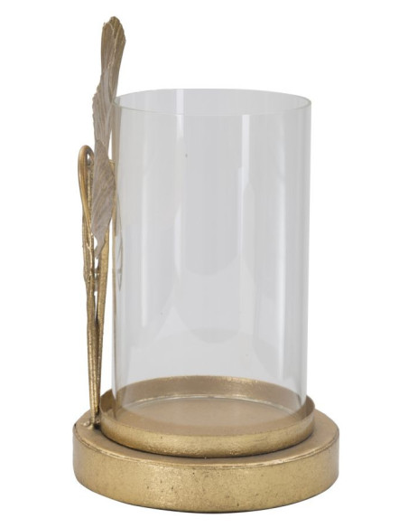 Photophore original Feuilles tropicales Hauteur 21 cm en Métal Doré Verre Transparent Kelva 