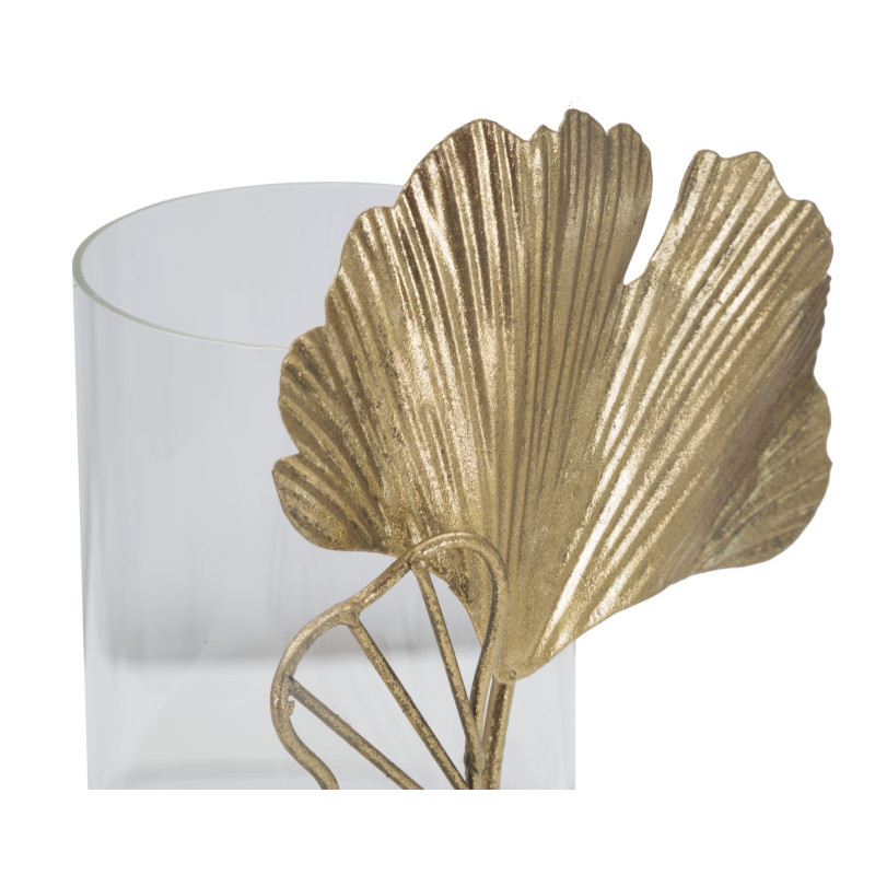 Photophore original Feuilles tropicales Hauteur 21 cm en Métal Doré Verre Transparent Kelva 