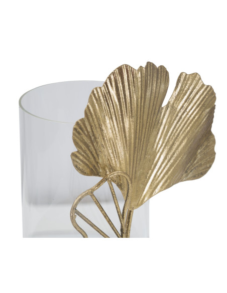 Photophore original Feuilles tropicales Hauteur 21 cm en Métal Doré Verre Transparent Kelva 