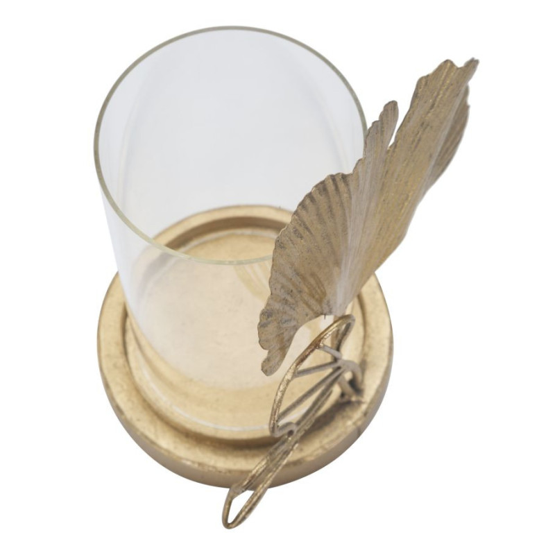 Photophore original Feuilles tropicales Hauteur 21 cm en Métal Doré Verre Transparent Kelva 