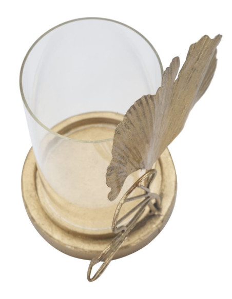 Photophore original Feuilles tropicales Hauteur 21 cm en Métal Doré Verre Transparent Kelva 