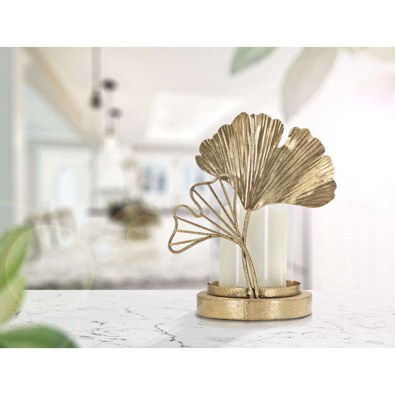 Photophore original Feuilles tropicales Hauteur 21 cm en Métal Doré Verre Transparent Kelva 