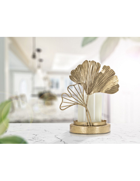 Photophore original Feuilles tropicales Hauteur 21 cm en Métal Doré Verre Transparent Kelva 