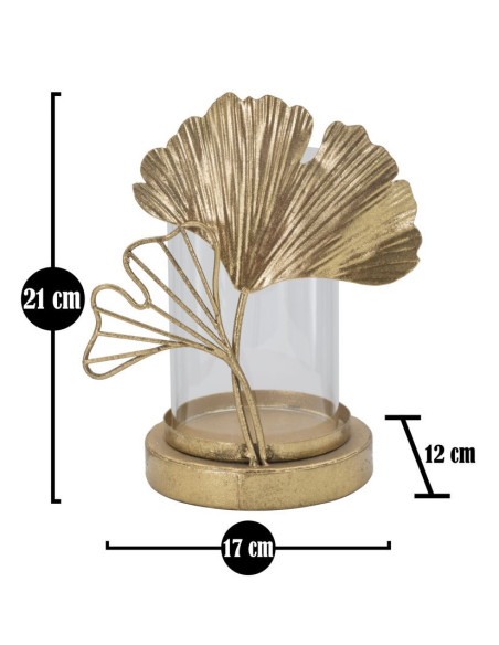 Photophore original Feuilles tropicales Hauteur 21 cm en Métal Doré Verre Transparent Kelva 