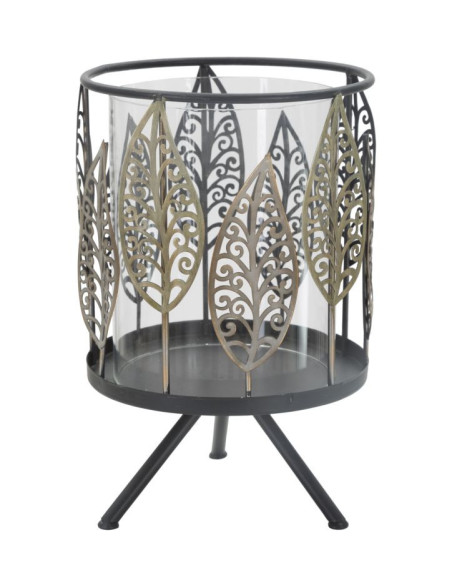 Grand Photophore sur pied original Feuilles Hauteur 24 cm en Verre Transparent Métal Noir Argenté Cyran 