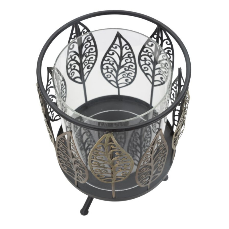 Grand Photophore sur pied original Feuilles Hauteur 24 cm en Verre Transparent Métal Noir Argenté Cyran 