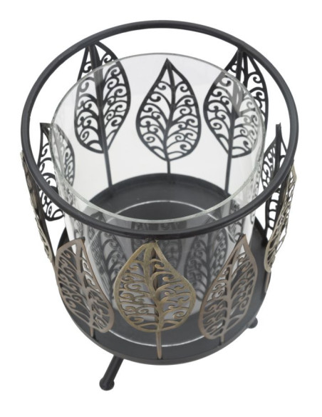 Grand Photophore sur pied original Feuilles Hauteur 24 cm en Verre Transparent Métal Noir Argenté Cyran 