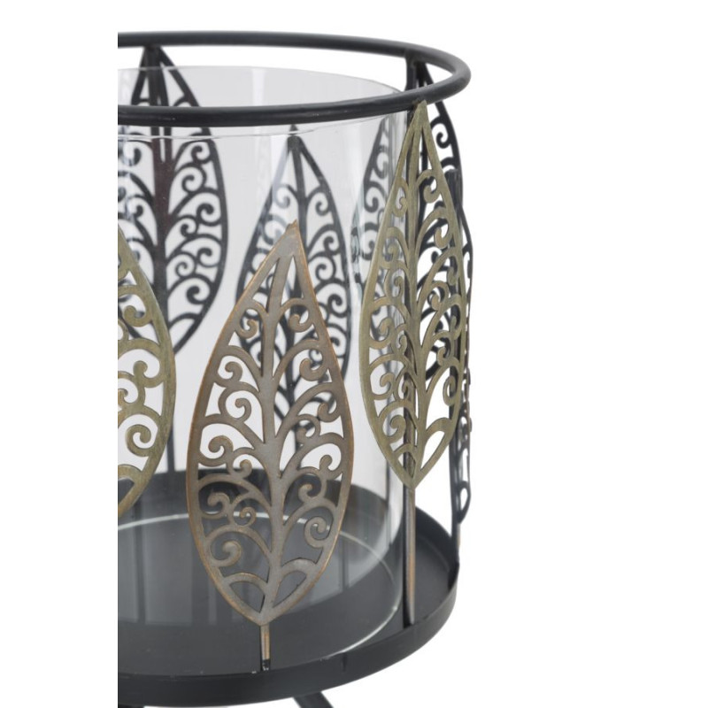 Grand Photophore sur pied original Feuilles Hauteur 24 cm en Verre Transparent Métal Noir Argenté Cyran 