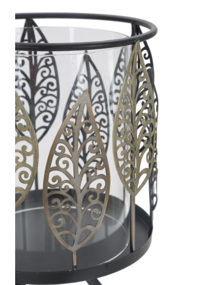 Grand Photophore sur pied original Feuilles Hauteur 24 cm en Verre Transparent Métal Noir Argenté Cyran 