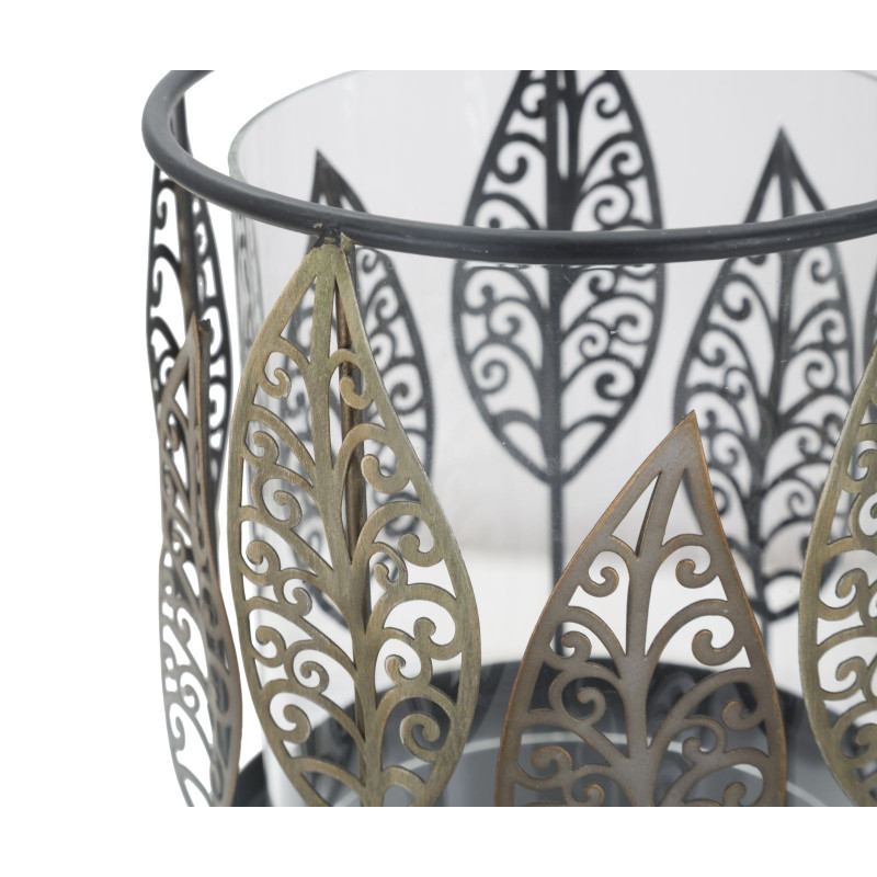 Grand Photophore sur pied original Feuilles Hauteur 24 cm en Verre Transparent Métal Noir Argenté Cyran 