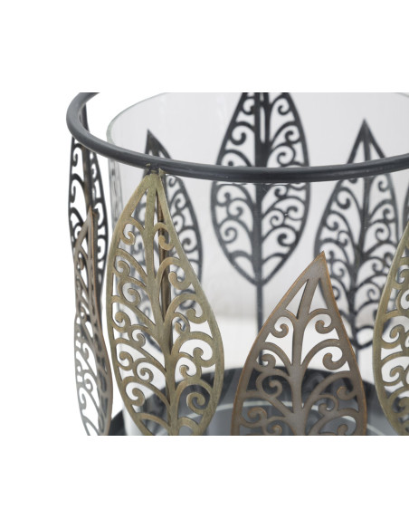 Grand Photophore sur pied original Feuilles Hauteur 24 cm en Verre Transparent Métal Noir Argenté Cyran 